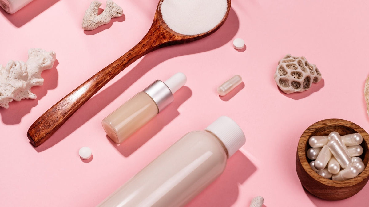 Different types of collagen on pink background