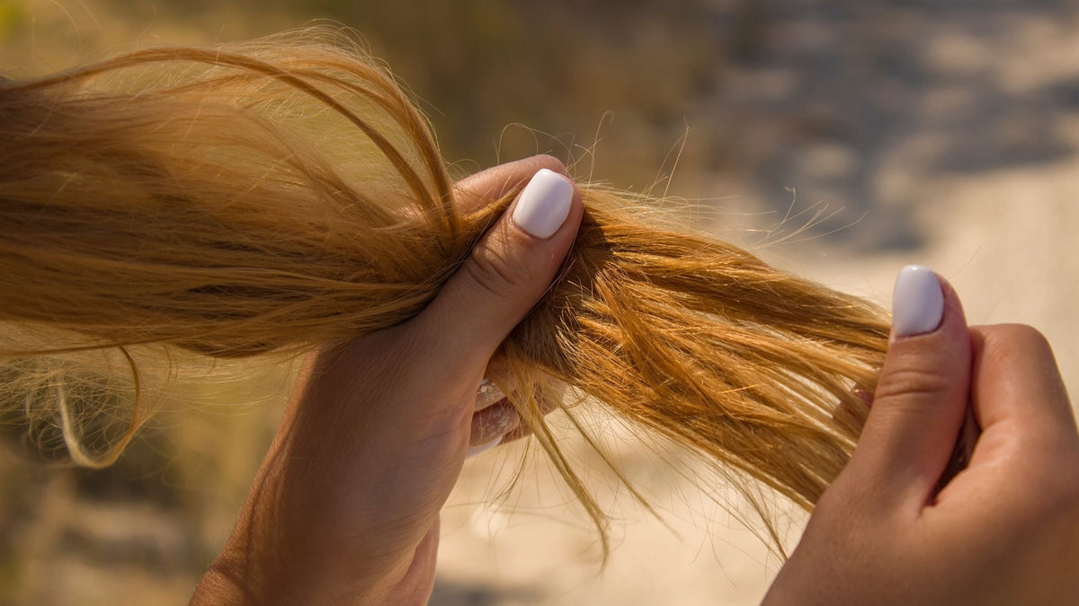 Girl holding dry brittle hair. Brittle damaged tips, hair loss.